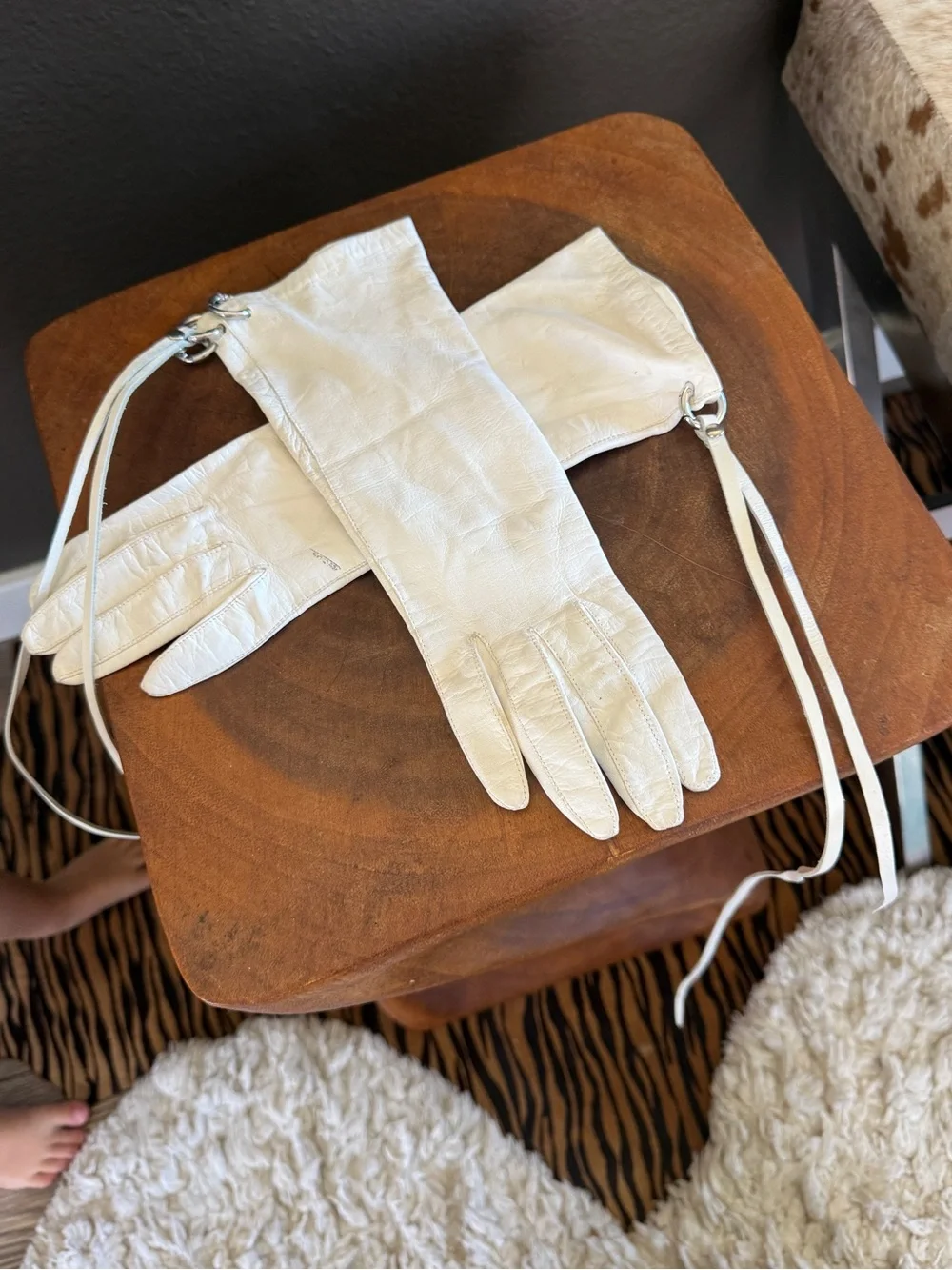 White Leather Gauntlet Gloves Silver piercings  & Leather Tassels Avant-Garde